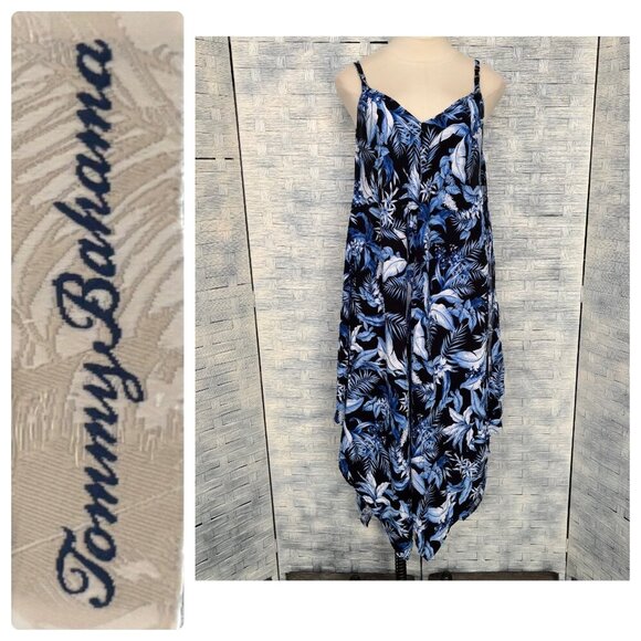 Tommy Bahama High Low Dress Tropical Print on Black Spaghetti Strap V-neck S/M - Picture 1 of 8